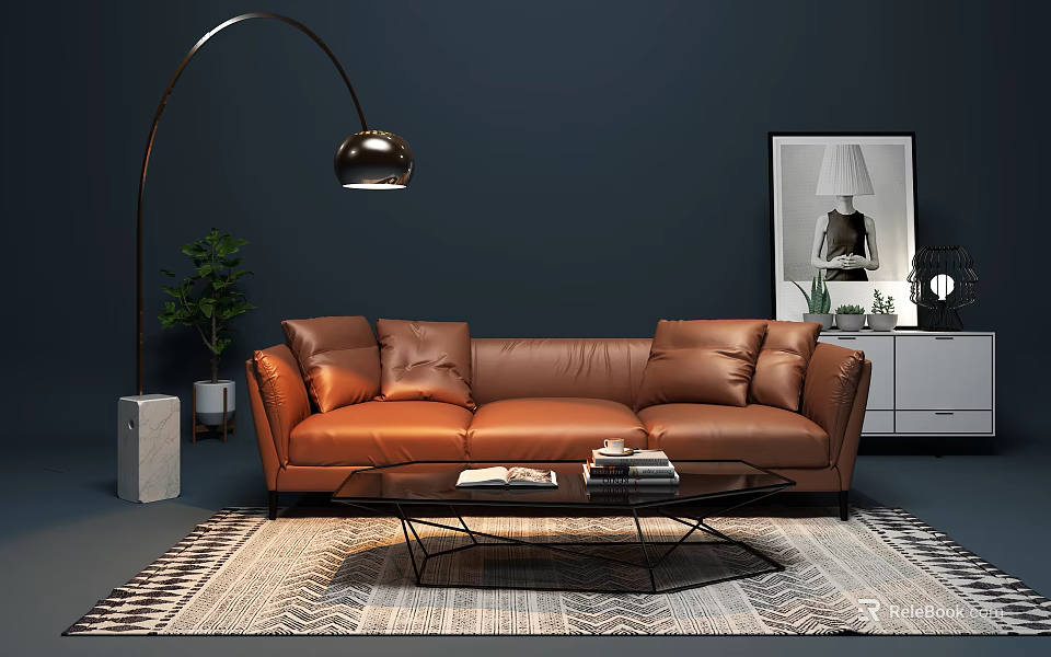 Brown Leather Three-Seater Sofa with Floor Lamp Green Plant Glass Coffee Table and Decorative Painting 3d model 