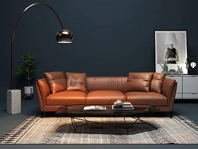 Brown Leather Three-Seater Sofa with Floor Lamp Green Plant Glass Coffee Table and Decorative Painting 3d model