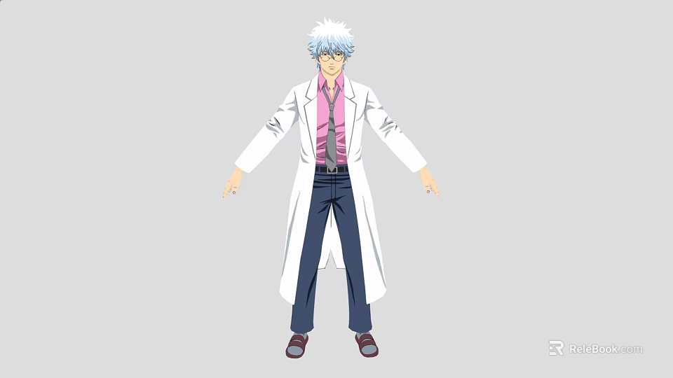 Man With White Hair Wearing White Coat Pink Shirt Tie Dark Pants And Brown Shoes 3d model 