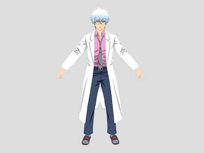 Man With White Hair Wearing White Coat Pink Shirt Tie Dark Pants And Brown Shoes 3d model