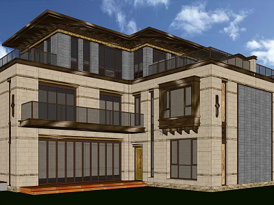 Modern Detached Villa Exterior With Two Story Structure Glass Windows And Stone Facade 3d model