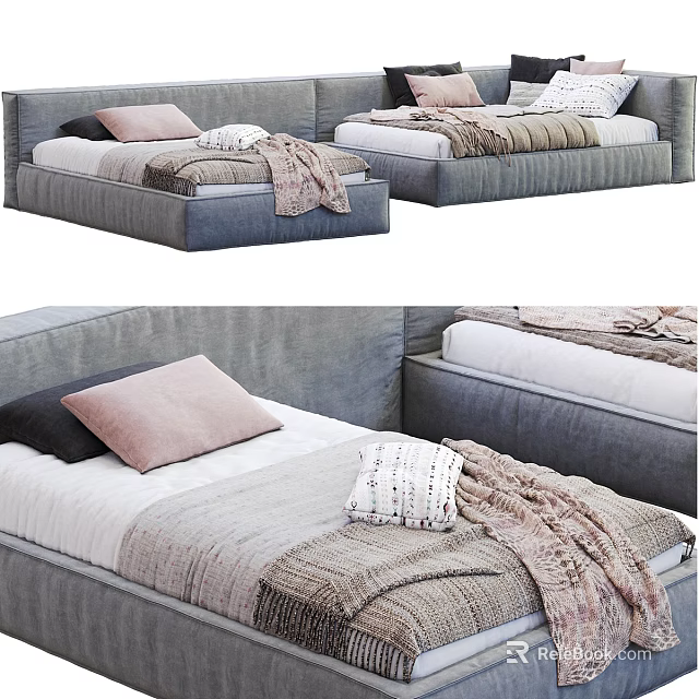 Gray Single Bed With Pink And Dark Pillows Blanket And Throw Pillow 3d model 