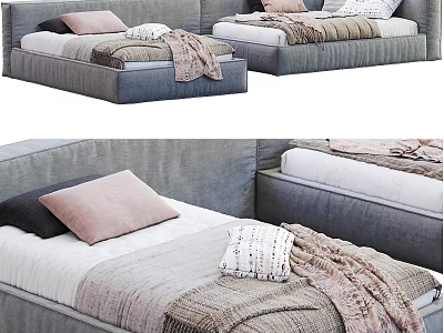 Gray Single Bed With Pink And Dark Pillows Blanket And Throw Pillow 3d model
