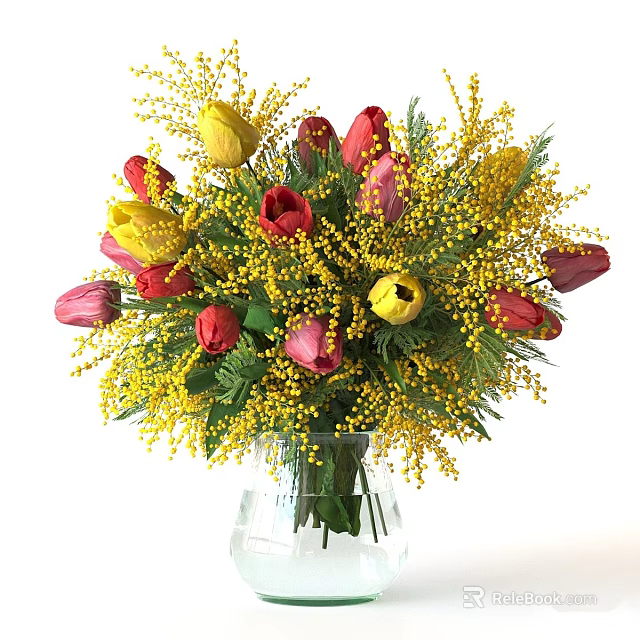 Transparent Glass Vase With Yellow Mimosa And Red Pink Tulip Flowers 3d model 