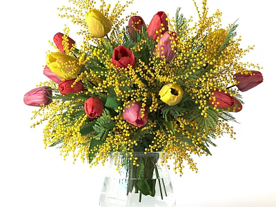 Transparent Glass Vase With Yellow Mimosa And Red Pink Tulip Flowers 3d model