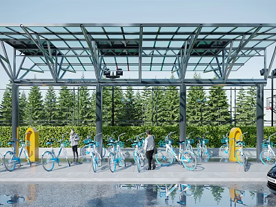Outdoor Bike Shelter With Metal Frame Glass Roof Blue Bicycles Yellow Equipment And Green Trees 3d model