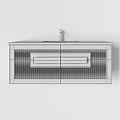 Modern Vanity Design With Gray Cabinetry And Marble Countertop Striped Panels