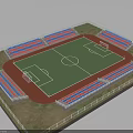 Football Field With Red And Blue Seated Stands Red Track Green Grass And Fence