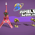 Cartoon Rumble Worlds Scene With Red Tower Globe And Yellow Trees 3d model