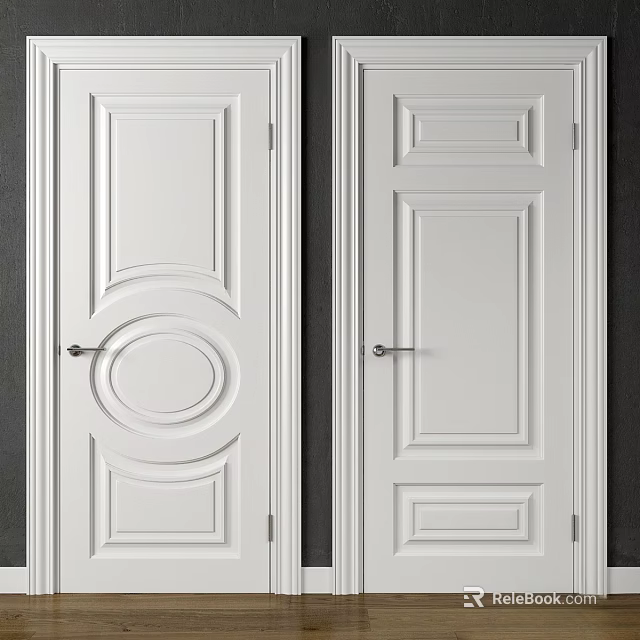 White Flush Doors With Decorative Panel Patterns And Metal Door Handles 3d model