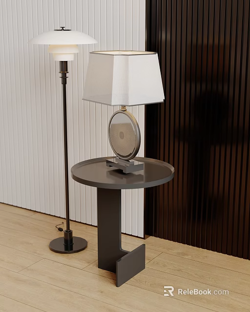 Modern Table Lamp With White Fabric Shade And Metal Base On Gray Round Side Table 3d model 