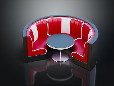 Modern Curved Public Seating With Red Cushions And Blue Round Table Design 3d model