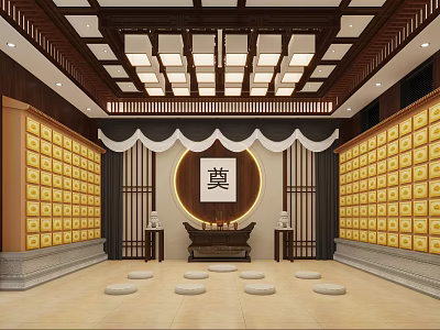 Traditional Chinese Memorial Hall With Wooden Structure Yellow Grid Walls And Offering Table 3d model