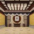 Traditional Chinese Memorial Hall With Wooden Structure Yellow Grid Walls And Offering Table