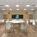School Classroom with Blue Walls White Desks Green Chairs Blackboard Projector and Wooden Floors