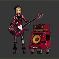 Child in Red Coat and Hat Holding Red Electric Guitar with Red Smiling Face Speaker