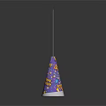 Purple Party Hat With Colorful Patterns And White Base On Long Thin String