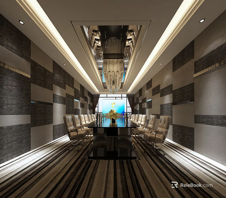 Elegant Conference Room Interior With Long Table Leather Chairs Chandelier And Striped Walls 3d model 