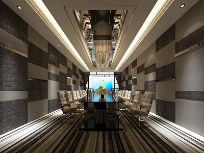 Elegant Conference Room Interior With Long Table Leather Chairs Chandelier And Striped Walls 3d model