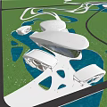 Contemporary Curved Architecture Aerial View Featuring Green Landscape Roadways And Water Features