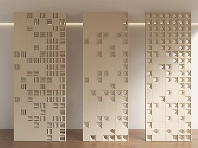 Three Beige Room Dividers With Geometric Cutout Patterns Against Light Wall And Wooden Floor 3d model