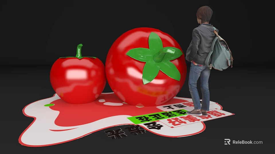Giant Red Tomato Photo Spot With Green Leaves And Person For Taking 3d model 