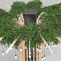 Creative Hanging Chandelier With Hanging Greenery Wooden Structure And Light Bulbs