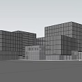 Modern Glass Office Building Exterior with Trees Pedestrians and Vehicles