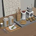 Traditional Chinese Tea Set with Teapot Cups Canisters and Bamboo Containers on Wooden Tray