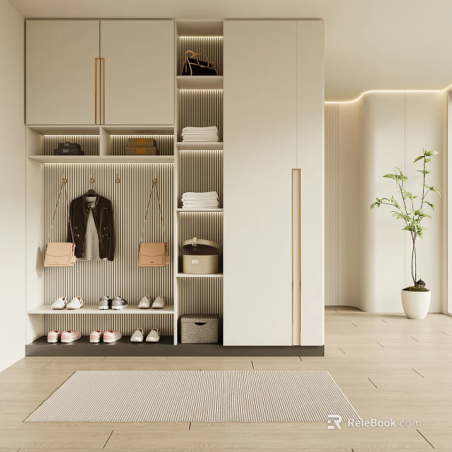 Modern Minimalist Shoe Cabinet With Hanging Coat Bags Folded Clothes And Golden Handles 3d model 