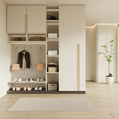 Modern Minimalist Shoe Cabinet With Hanging Coat Bags Folded Clothes And Golden Handles 3d model