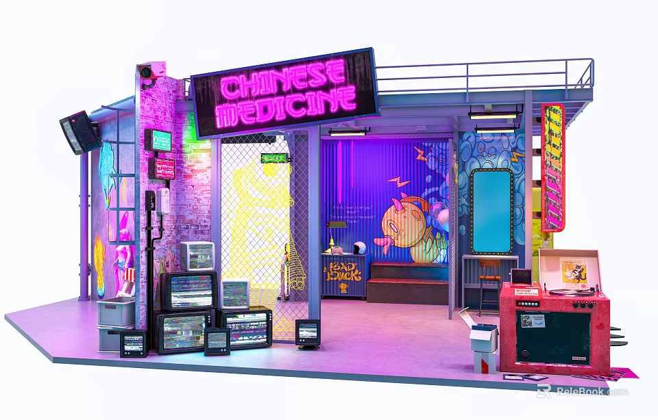 Chinese Medicine Shop Interior With Neon Signs Vintage Electronics And Arcade Machines 3d model 