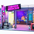 Chinese Medicine Shop Interior With Neon Signs Vintage Electronics And Arcade Machines