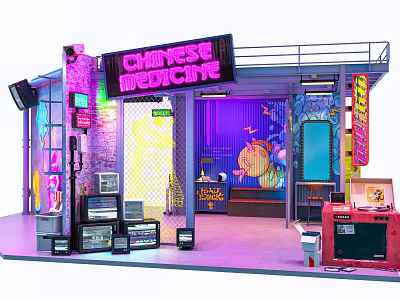 Chinese Medicine Shop Interior With Neon Signs Vintage Electronics And Arcade Machines 3d model