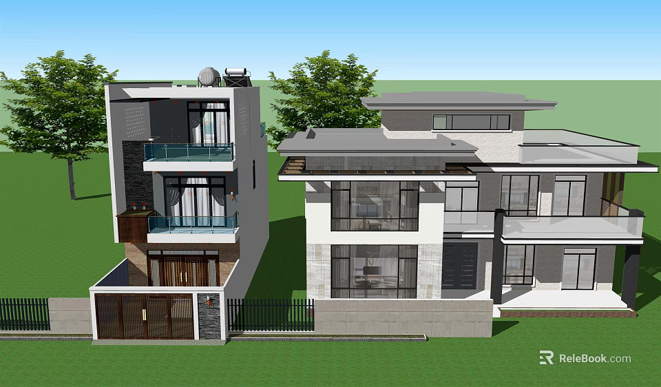 Modern Detached Villa Exterior With Glass Windows Balconies And Green Plants 3d model 