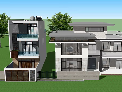 Modern Detached Villa Exterior With Glass Windows Balconies And Green Plants 3d model