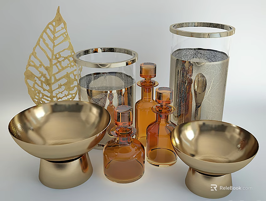 Ceramic Vessels with Golden Bowls Brown Bottles and Leaf Shaped Decor in Modern Elegant Style 3d model 