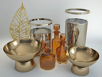 Ceramic Vessels with Golden Bowls Brown Bottles and Leaf Shaped Decor in Modern Elegant Style 3d model