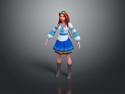 Game Movie Character With Red Hair Colorful Headdress Blue White Dress And Gray Boots 3d model