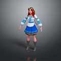 Game Movie Character With Red Hair Colorful Headdress Blue White Dress And Gray Boots