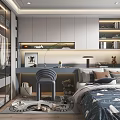 Modern Minimalist Tatami Bedroom Interior With Light Gray Cabinets Desk Stools Area Rug And Decorative Pillows