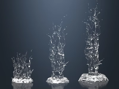 Three Crystal Clear Water Splashes of Varying Heights with Reflective Base on Dark Background 3d model
