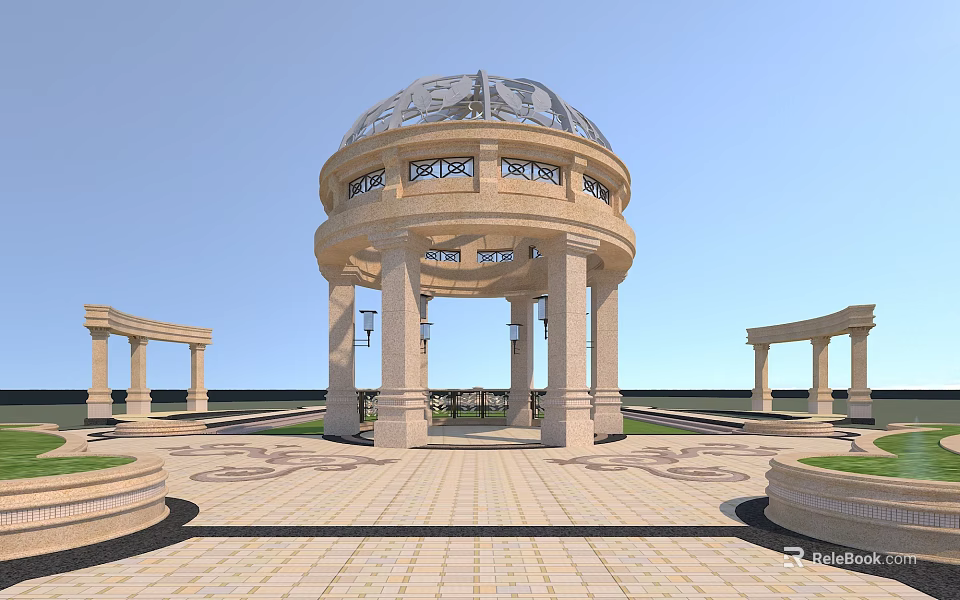 Stone Pavilion With Glass Dome And Surrounding Columns On Brick Paved Ground Under Blue Sky 3d model 