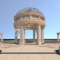 Stone Pavilion With Glass Dome And Surrounding Columns On Brick Paved Ground Under Blue Sky