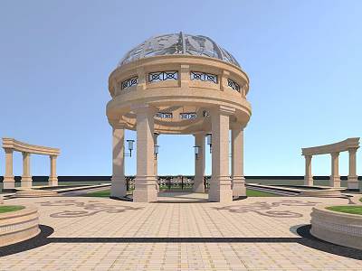 Stone Pavilion With Glass Dome And Surrounding Columns On Brick Paved Ground Under Blue Sky 3d model