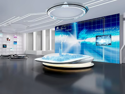 Hi Tech Exhibition Hall Interior with Digital Display Platform Large Screens and Data Charts 3d model