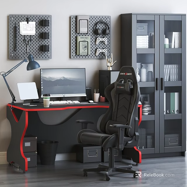 Ergonomic Gaming Desk and Chair Set in Modern Home Office with Computer Monitor and Lamp 3d model 