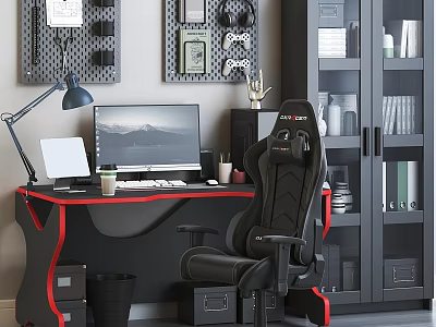 Ergonomic Gaming Desk and Chair Set in Modern Home Office with Computer Monitor and Lamp 3d model