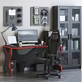 Ergonomic Gaming Desk and Chair Set in Modern Home Office with Computer Monitor and Lamp
