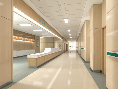 Hospital Outpatient Clinic Corridor With Reception Desk Wooden Walls Bright Lighting And Clean Flooring 3d model